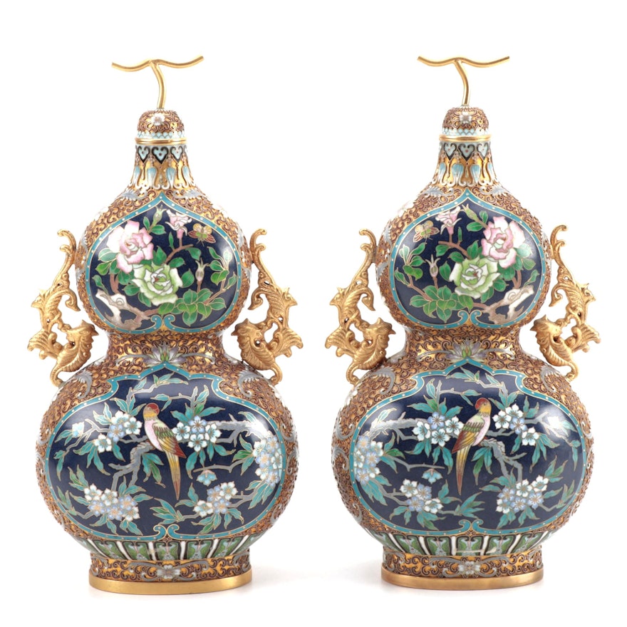 Pair of Chinese Cloisonné Enamel Double Gourd Covered Vases, 1980s