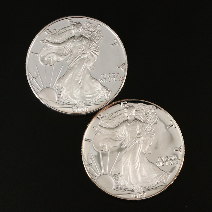 Two $1 U.S. Silver Eagle Proof Coins Including 1987-S and 2000-P