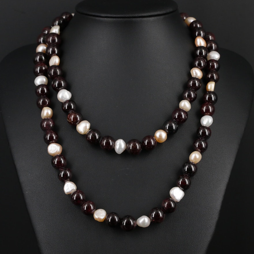 Garnet and Pearl Necklace With Sterling Silver Clasp