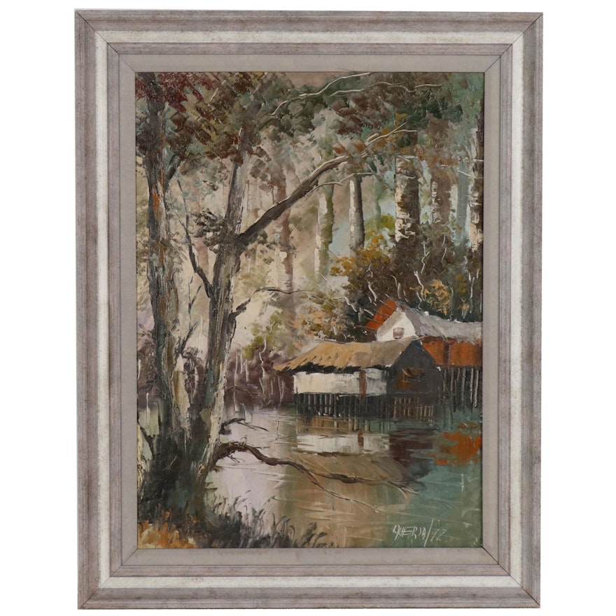 Landscape Oil Painting of Swamp with Stilt Houses , 20th Century