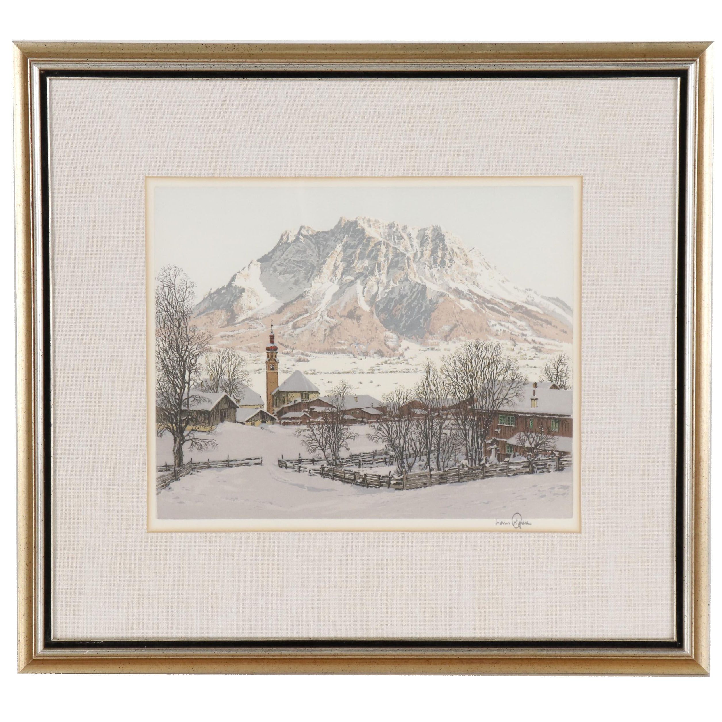 Hans Figura Etching with Aquatint of Austrian Mountain Village