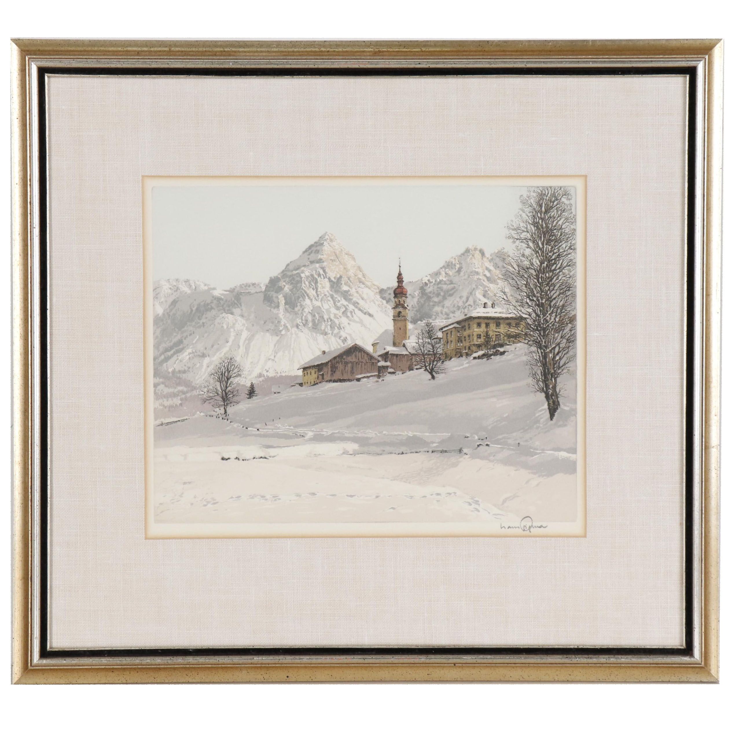 Hans Figura Etching with Aquatint of Austrian Mountain Village