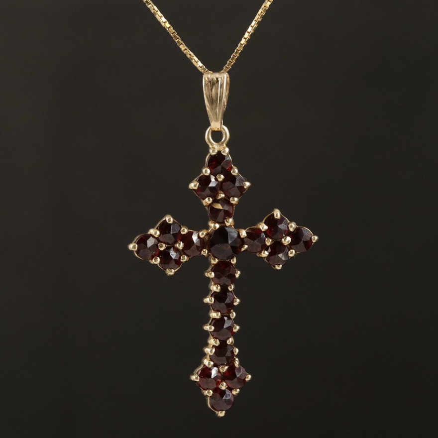 14K Yellow Gold Garnet Cross Pendant Necklace