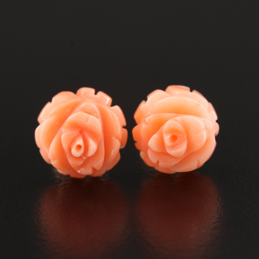 14K Yellow Gold Coral Flower Motif Stud Earrings