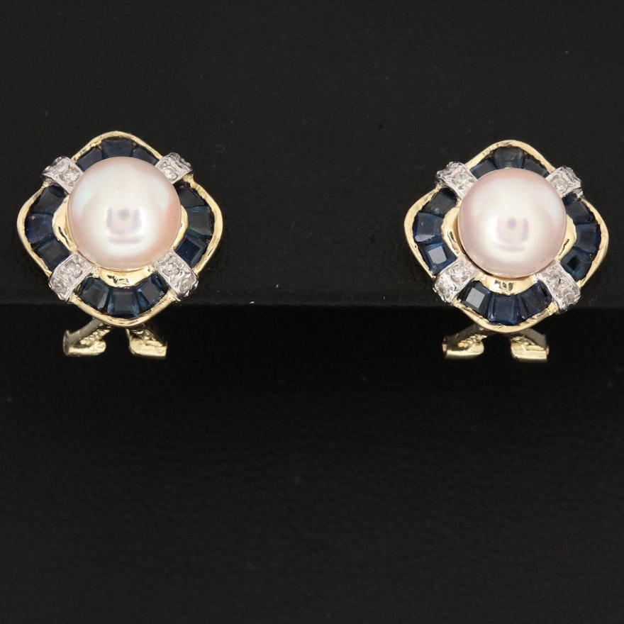 14K Yellow Gold Cultured Pearl, Diamond and Sapphire Stud Earrings