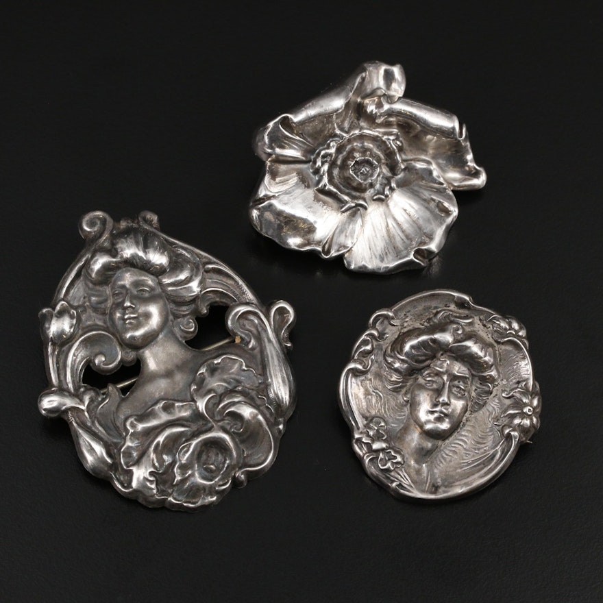 Art Nouveau Sterling Silver Brooches