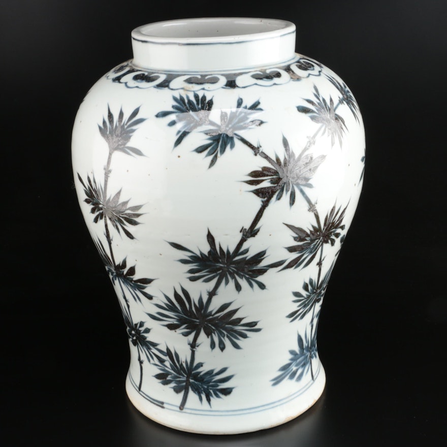 Hand-Painted Ceramic Planter with Bamboo Motif, 20th Century