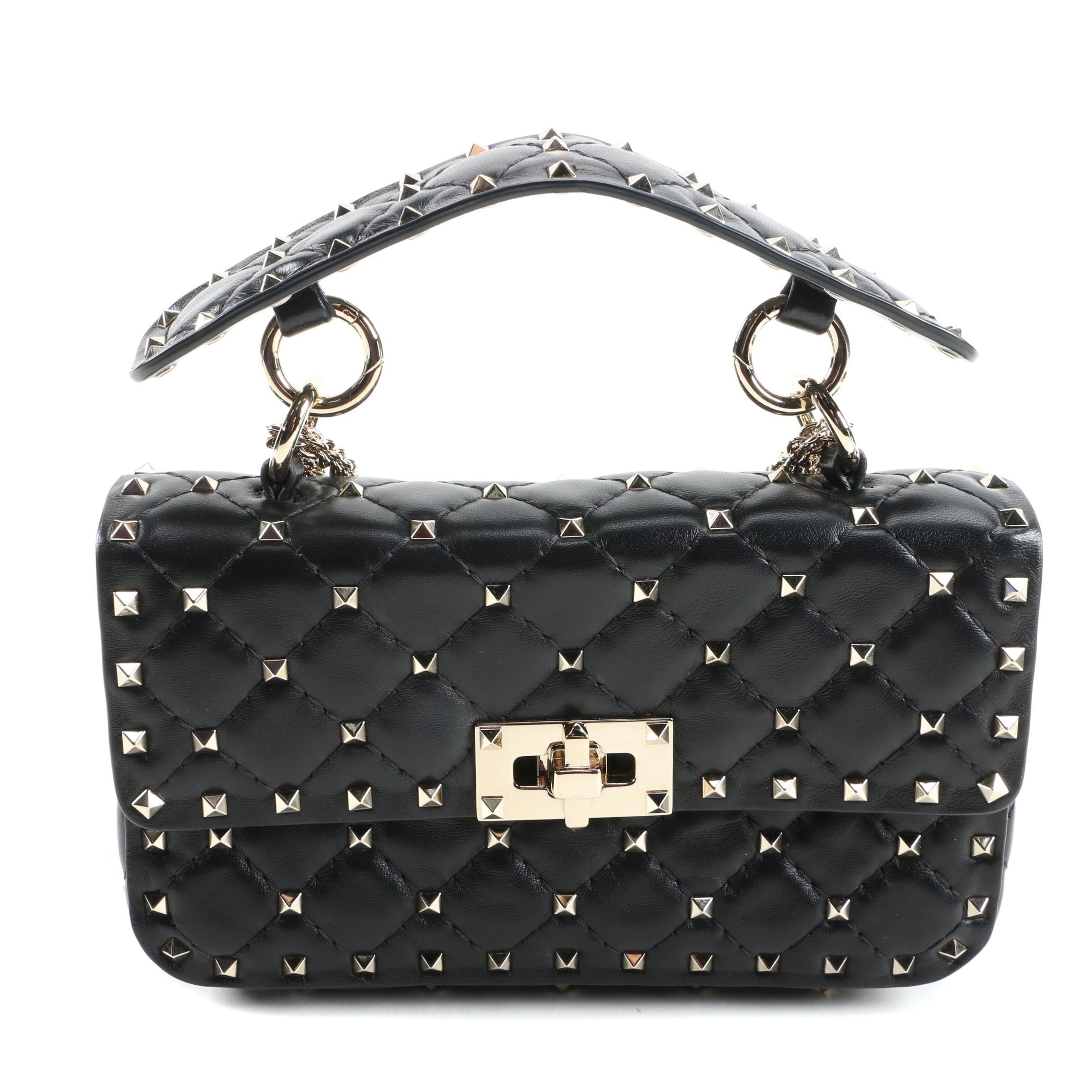 Valentino Rockstud Shoulder Bag in Black Quilted Leather with Chain Strap