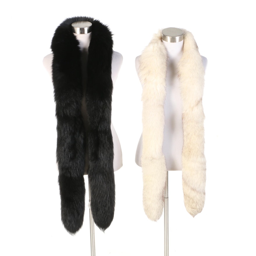 Black and Arctic Fox Fur Fling Stoles with Tails