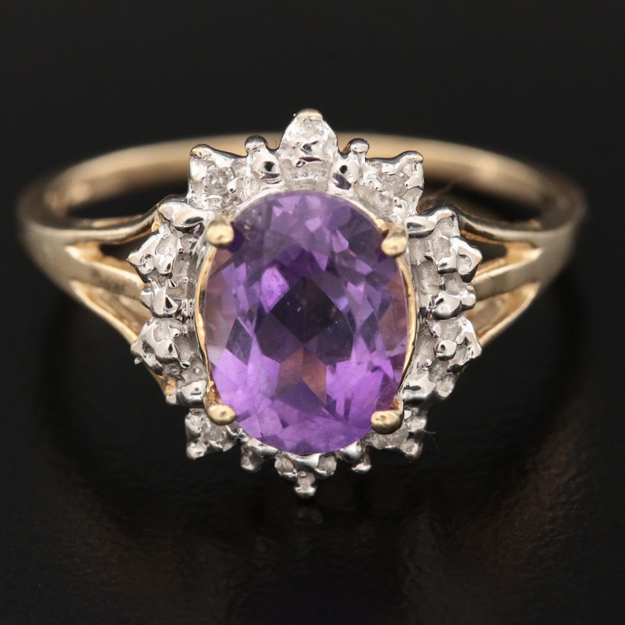 10K Yellow Gold Amethyst and Diamond Ring