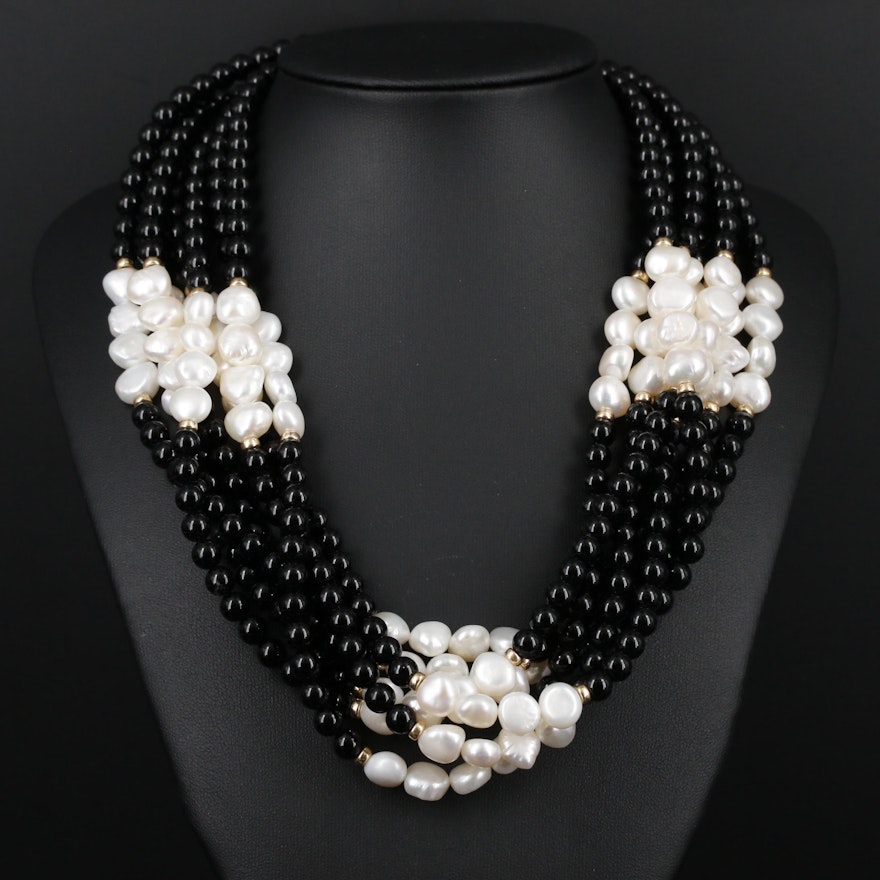 Beaded Black Onyx and Pearl Multi-Strand Necklace