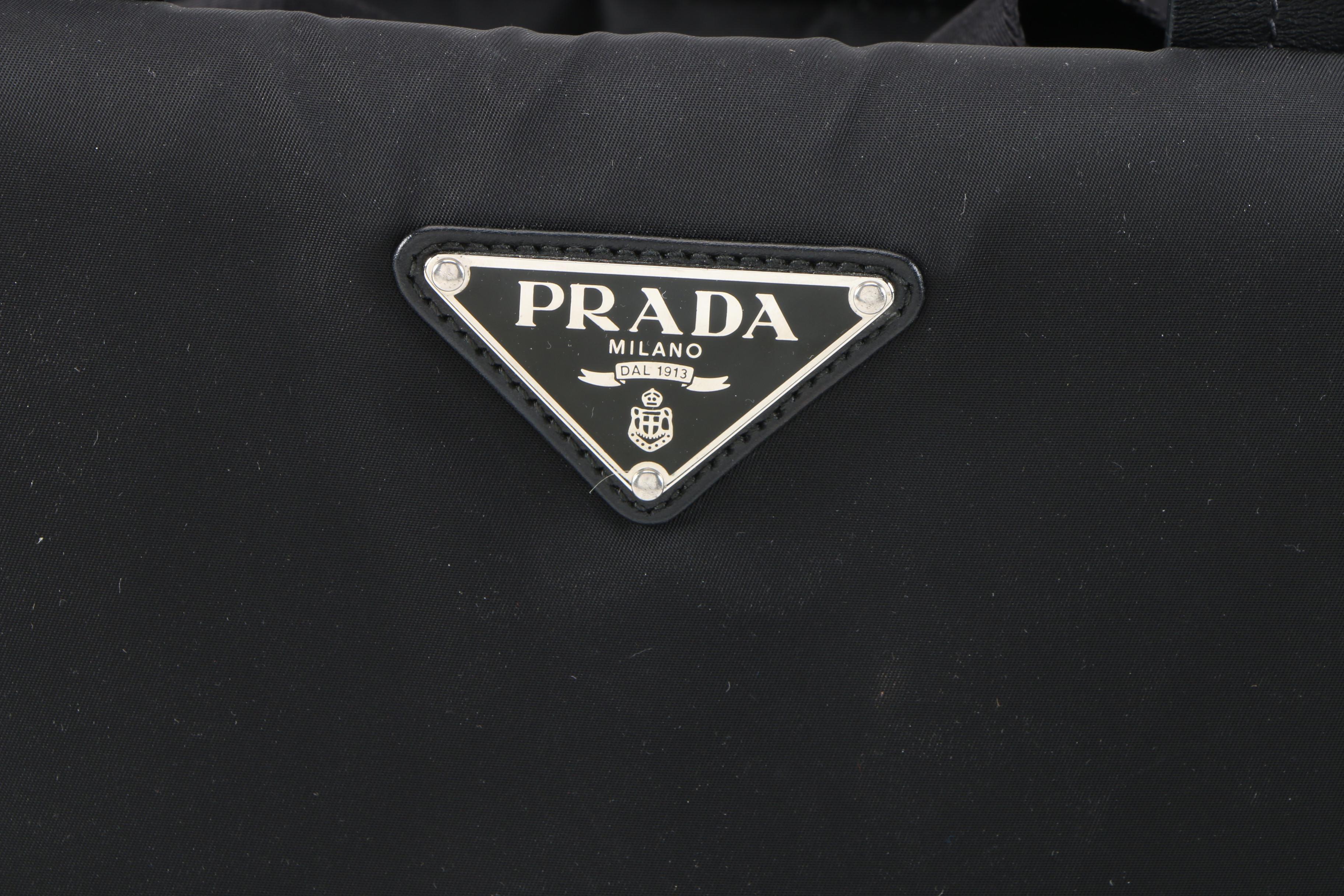 Prada Black Tessuto Nylon Travel Tote with Leather Handles and Nylon Strap