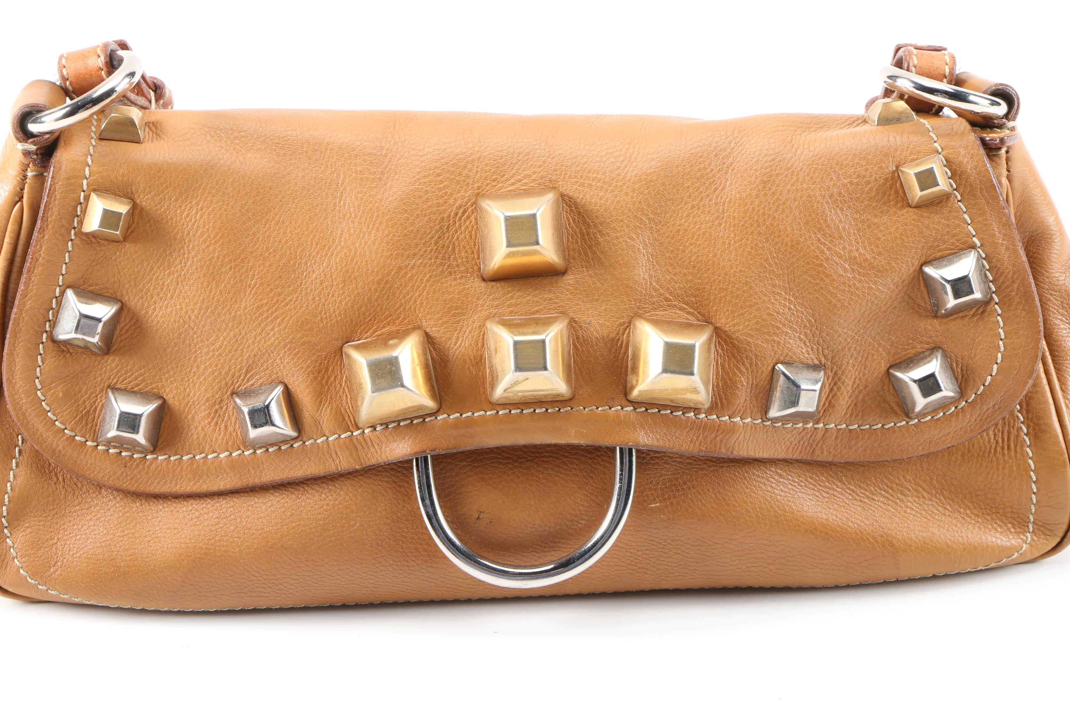 Prada Borchie Studded Baguette in Camel Tan Calf Leather
