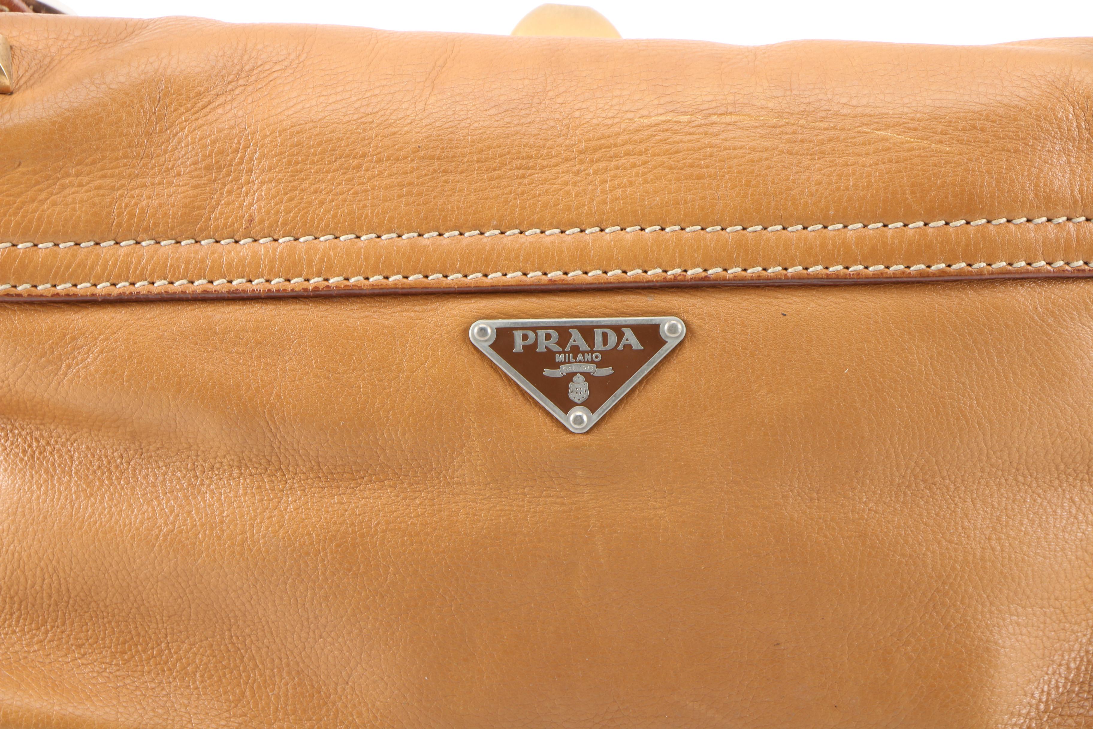 Prada Borchie Studded Baguette in Camel Tan Calf Leather
