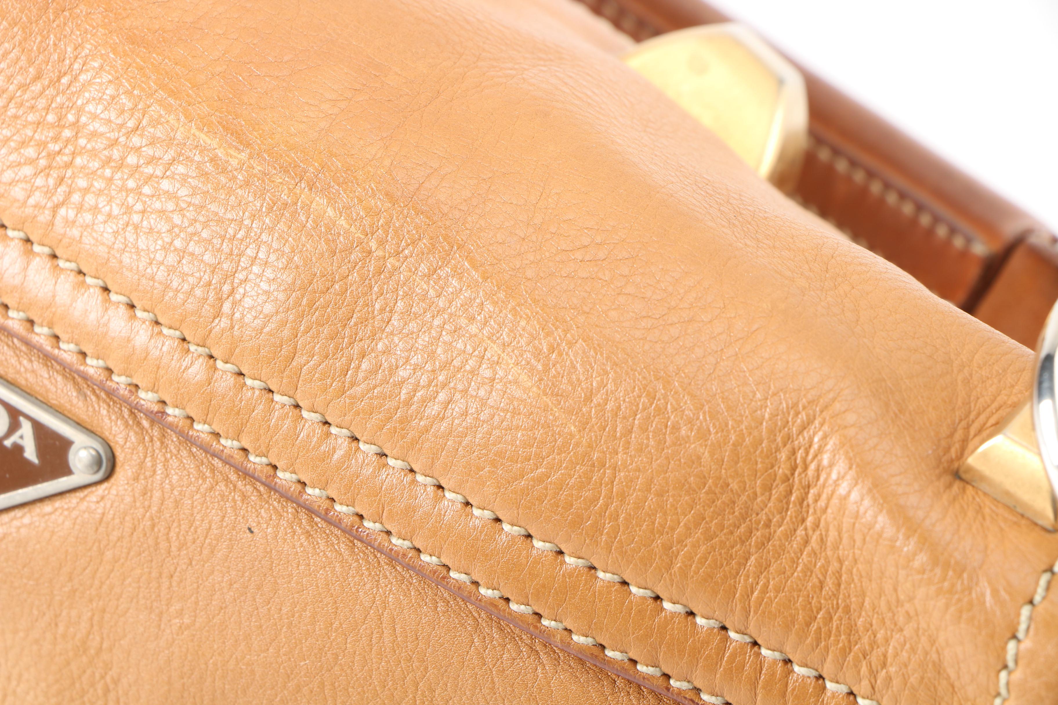 Prada Borchie Studded Baguette in Camel Tan Calf Leather