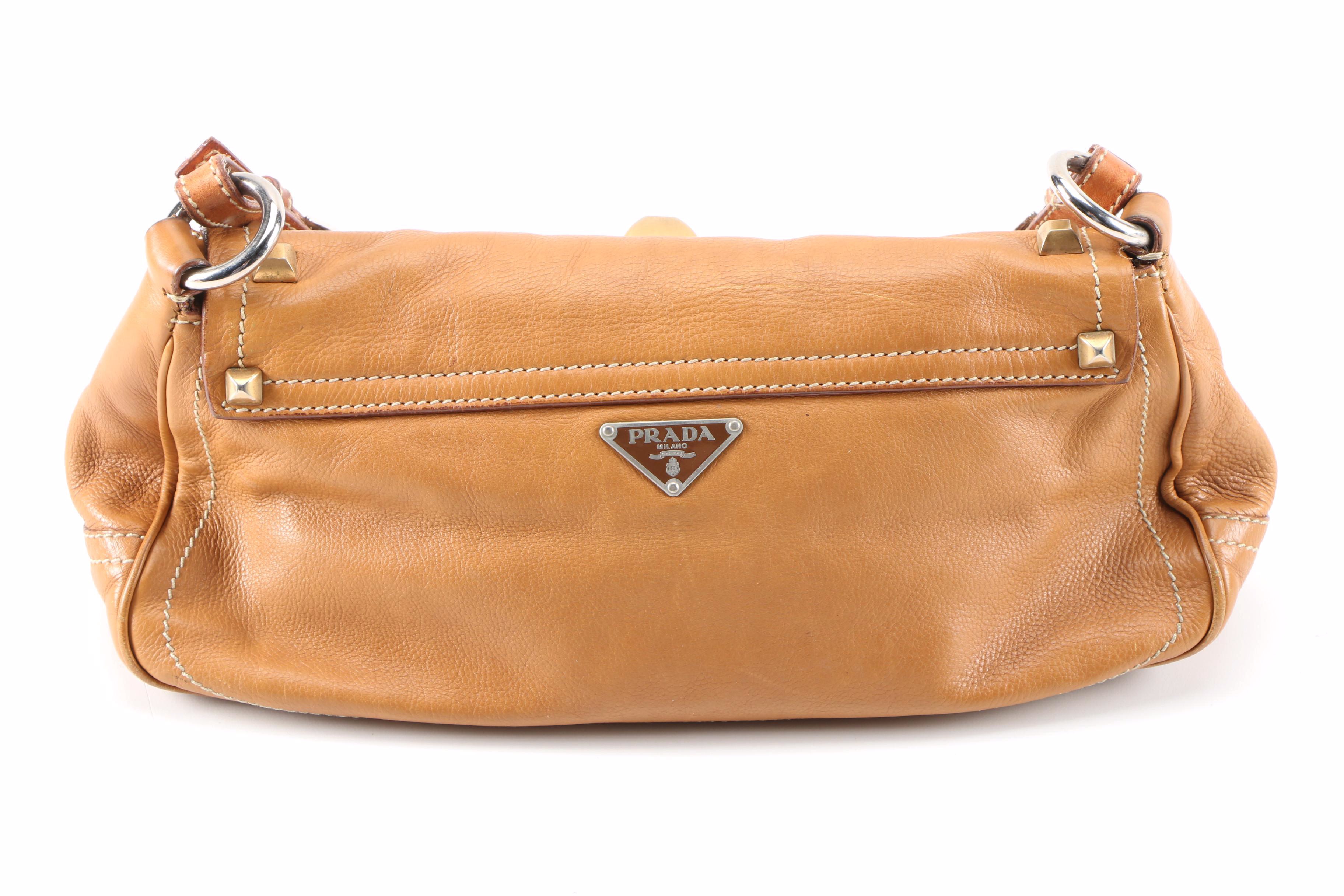 Prada Borchie Studded Baguette in Camel Tan Calf Leather