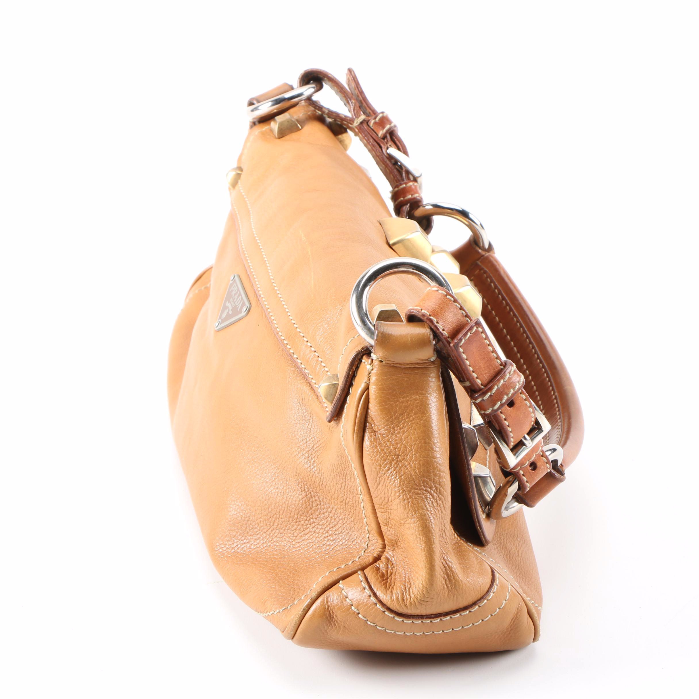 Prada Borchie Studded Baguette in Camel Tan Calf Leather