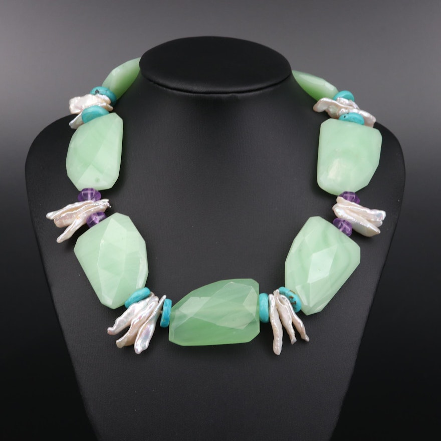 Amethyst, Turquoise, and Pearl Necklace With Sterling Silver Clasp