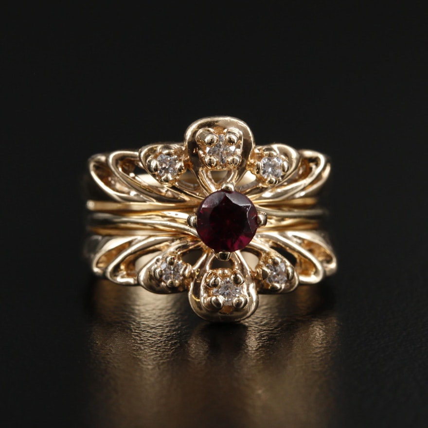 14K Yellow Gold Garnet and Diamond Ring with Openwork Design