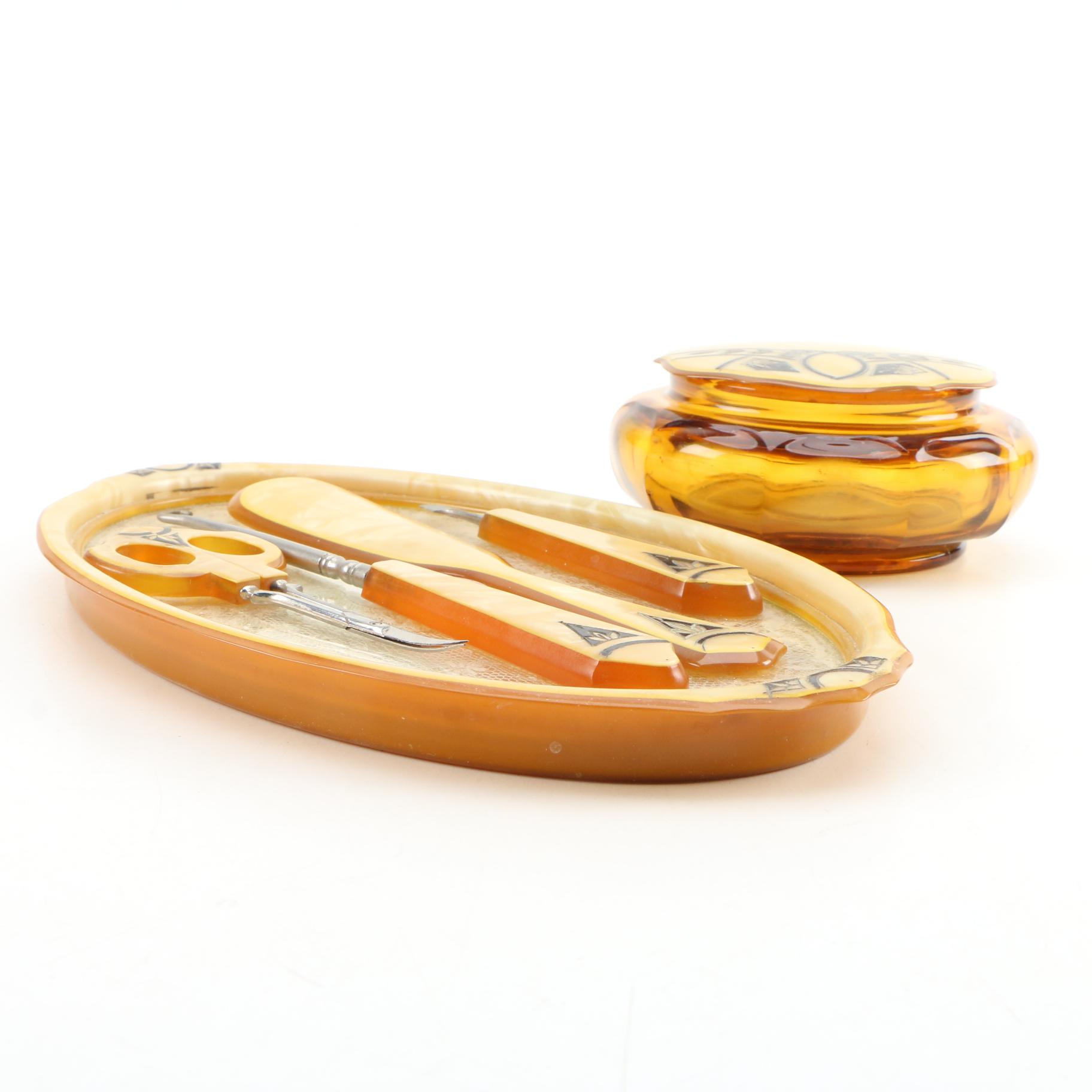 Art Deco “Acwalite” Enamelled Celluloid Vanity Dresser Set, Early 20th Century