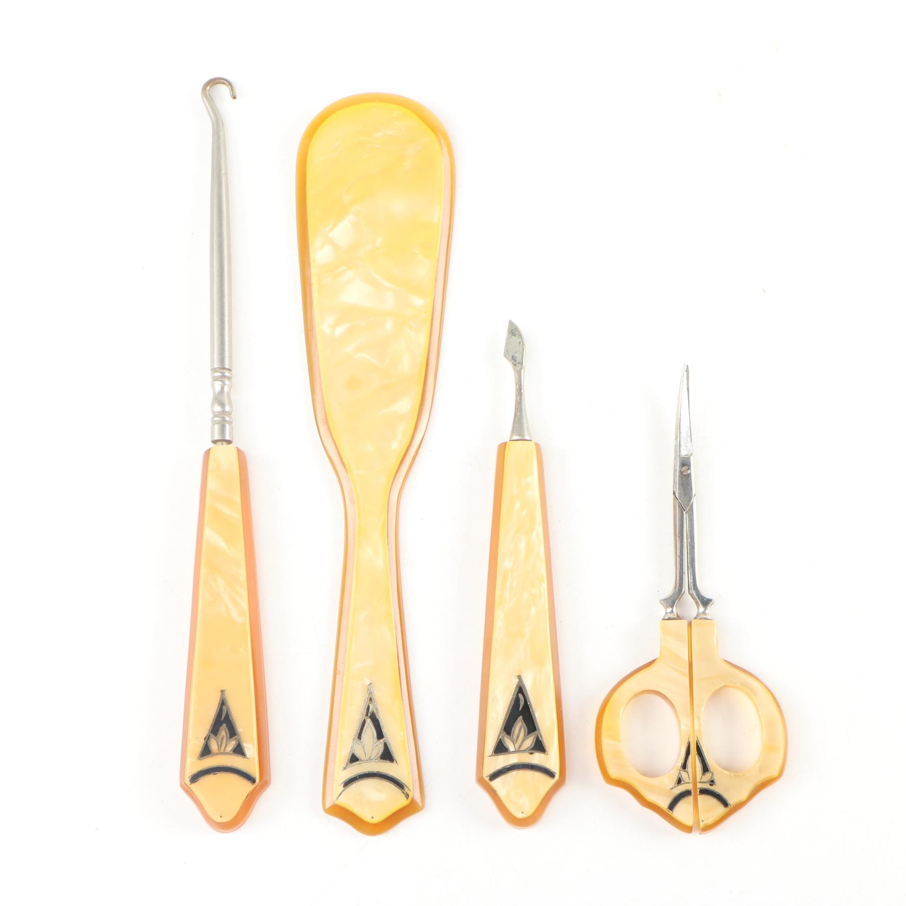 Art Deco “Acwalite” Enamelled Celluloid Vanity Dresser Set, Early 20th Century