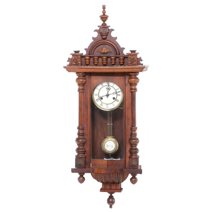 German Carved Walnut Wall Clock, Late 19th/Early 20th Century