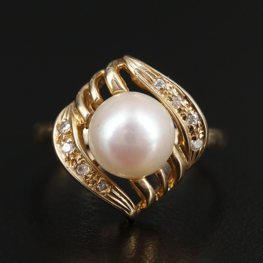 14K Yellow Gold Pearl and Diamond Ring