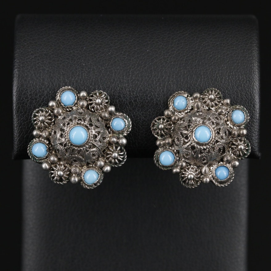 900 Silver Glass Turquoise Button Clip On Earrings