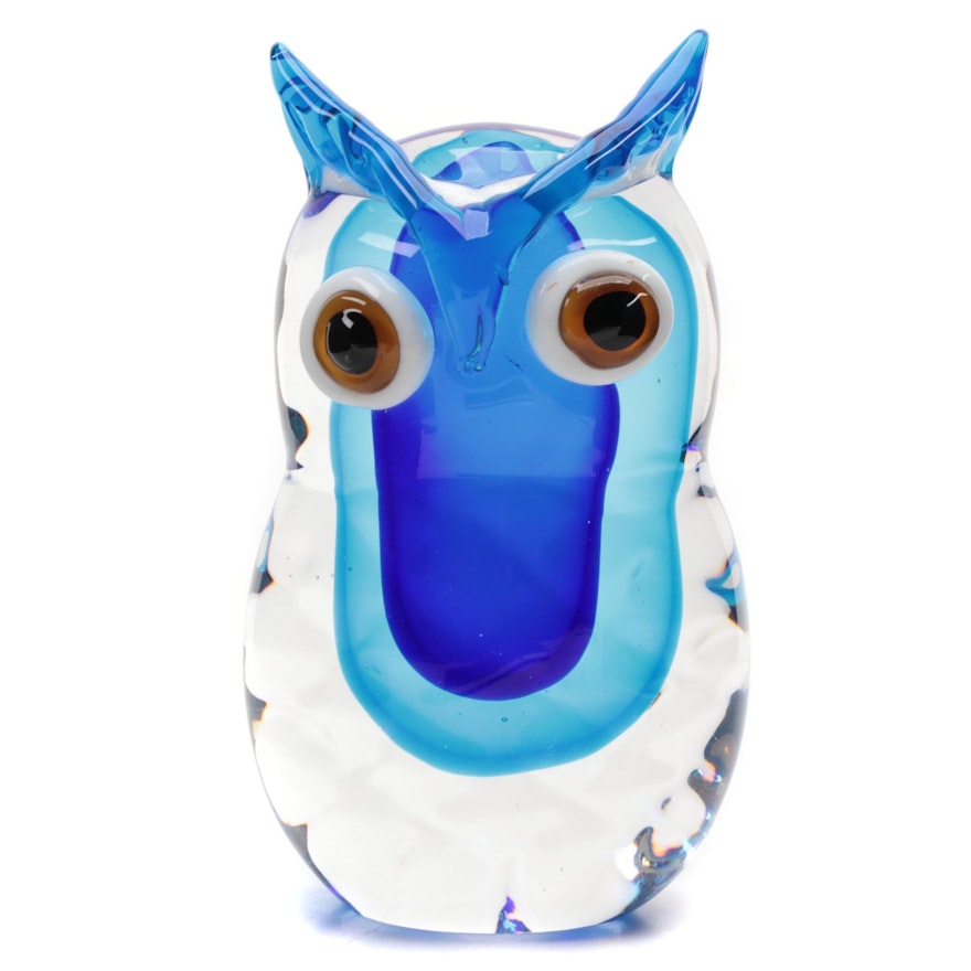 Blue Blown Art Glass Owl Figurine