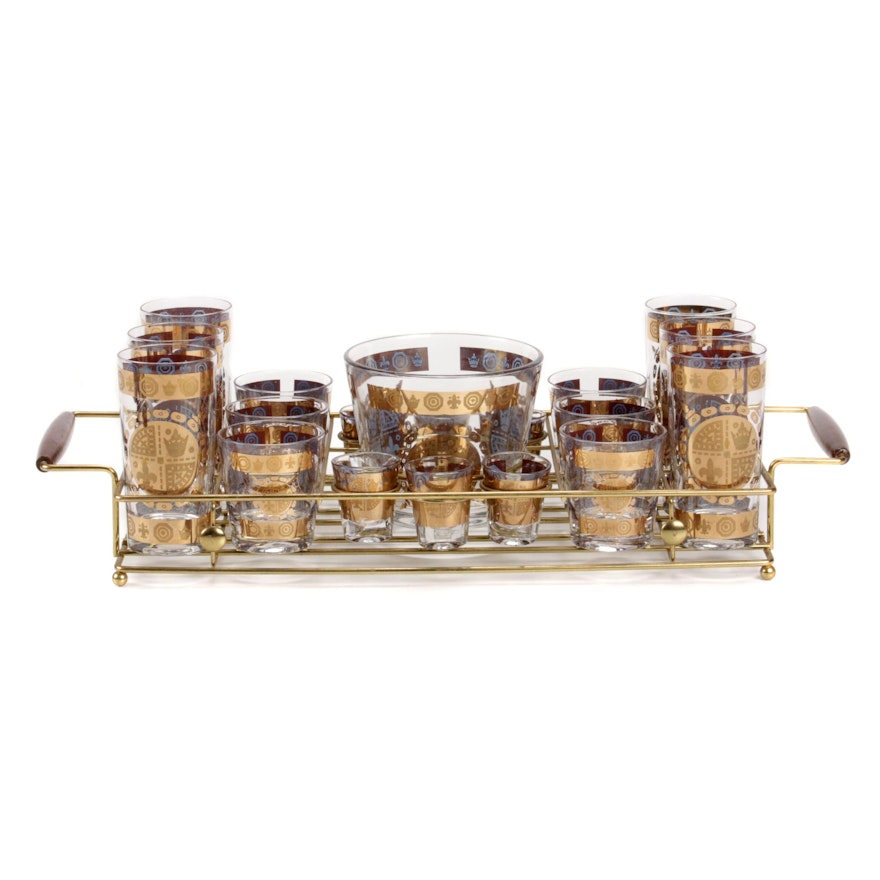 22K Embellished Cocktail and Shot Glasses, Ice Bucket and Tray, Mid-20th Century