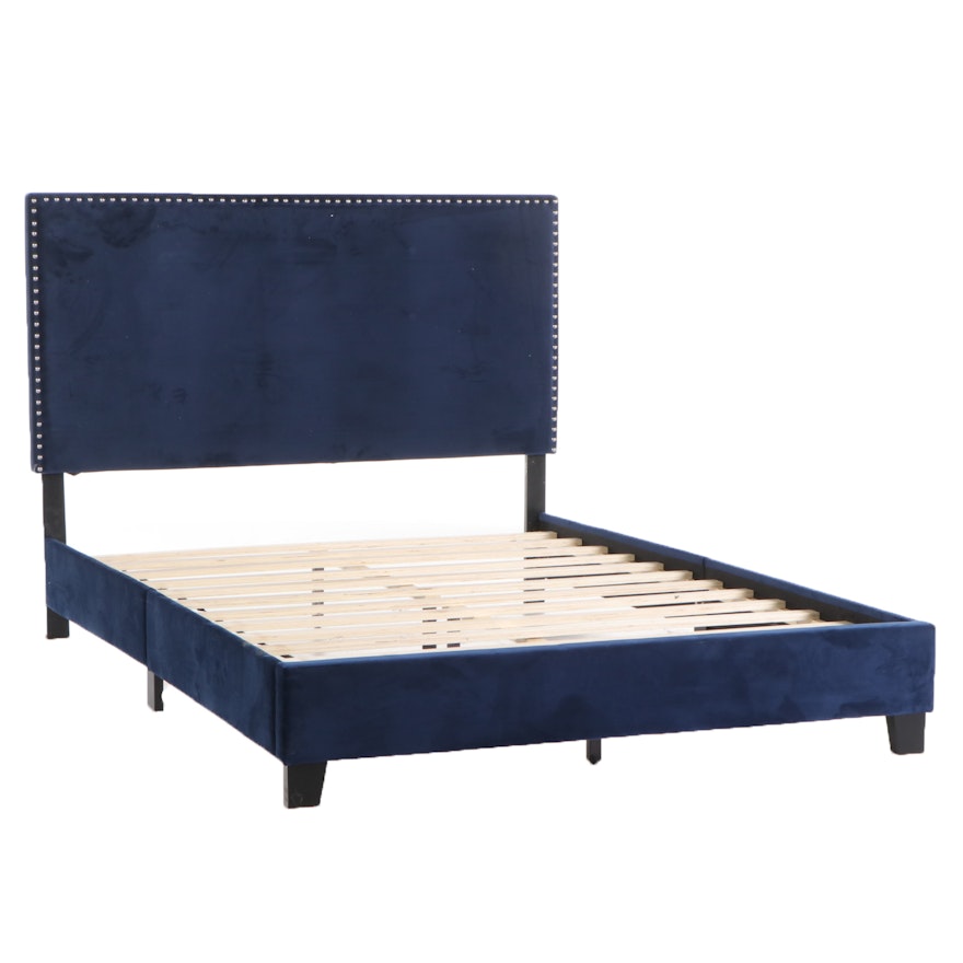 Deep Blue Velour Upholstered Queen Bed Frame