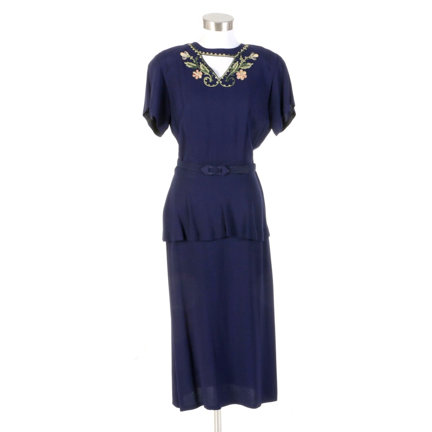 Lerner Shops Deep Blue Floral Soutache Peplum Dress, 1940s Vintage