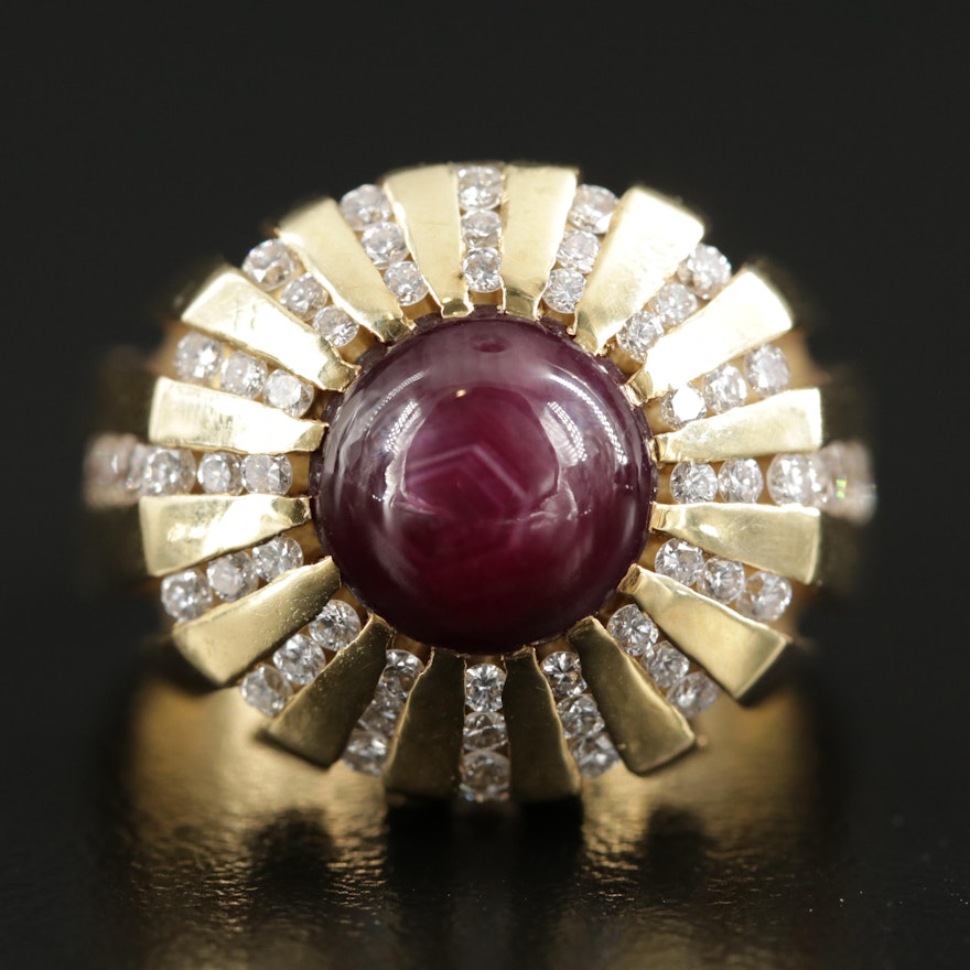 Vintage 18K Yellow Gold Star Ruby and Diamond Ring