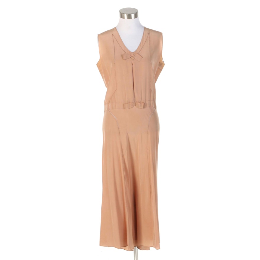 Blush Silk V-Neck Sleeveless Dress with and Openwork Crochet Lace, 1920s Vintage