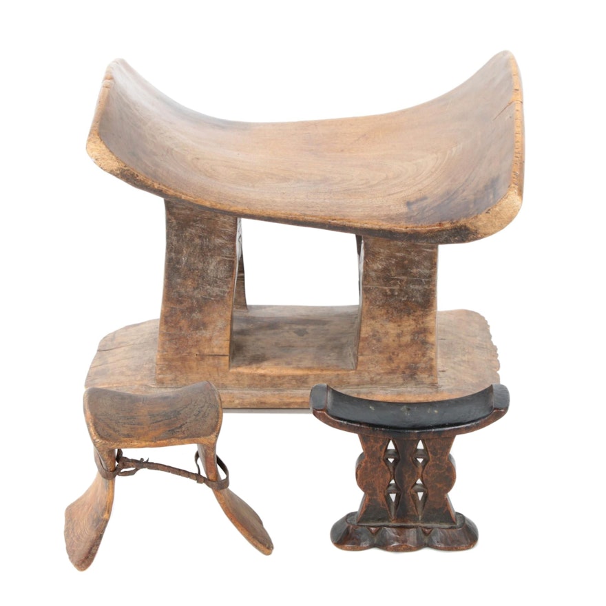 Ashanti Carved Wood Stool and Southeast African Wood Headrests