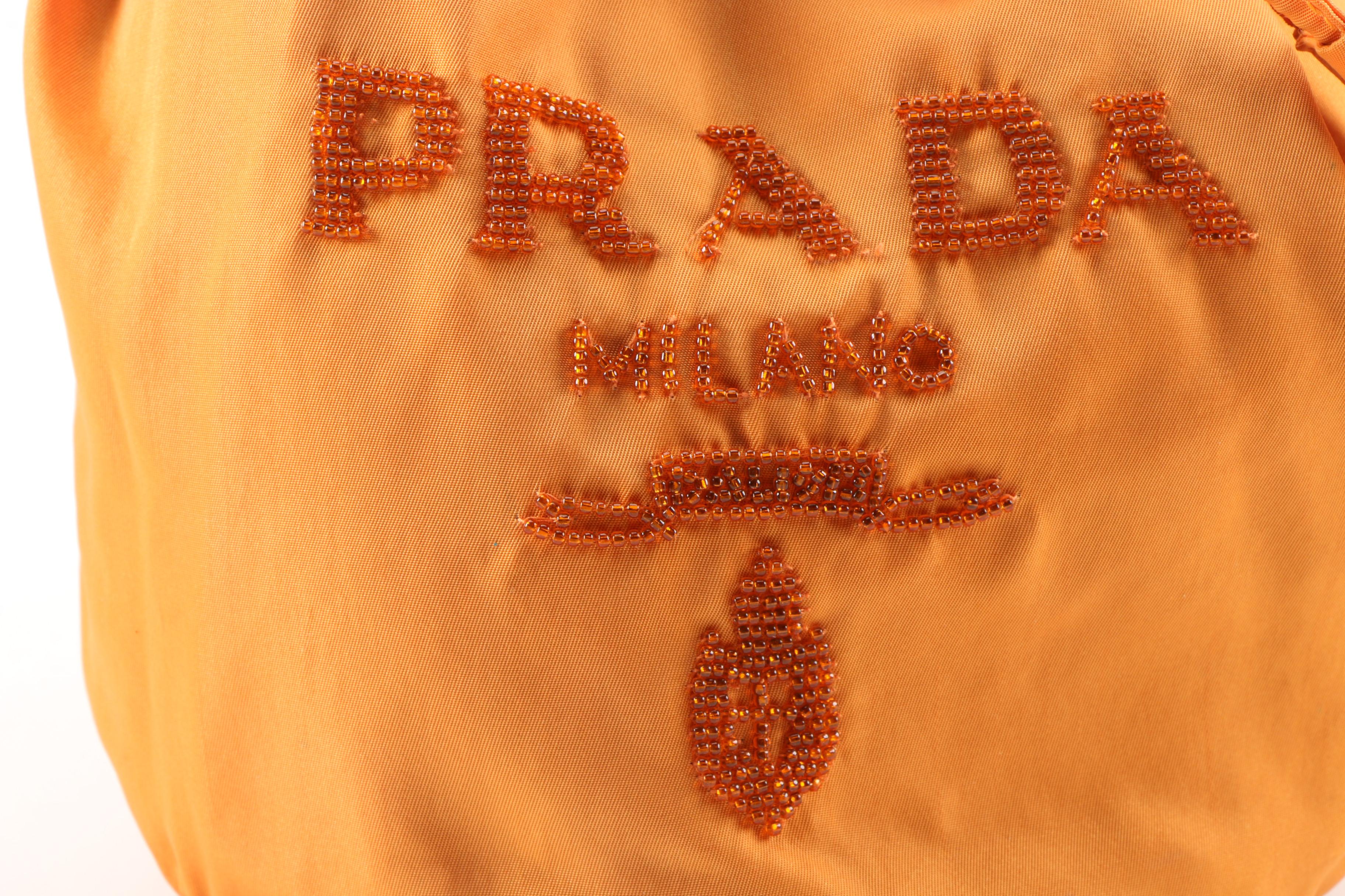 Prada Orange Tessuto Nylon and Python Snakeskin Small Beaded Bucket Bag