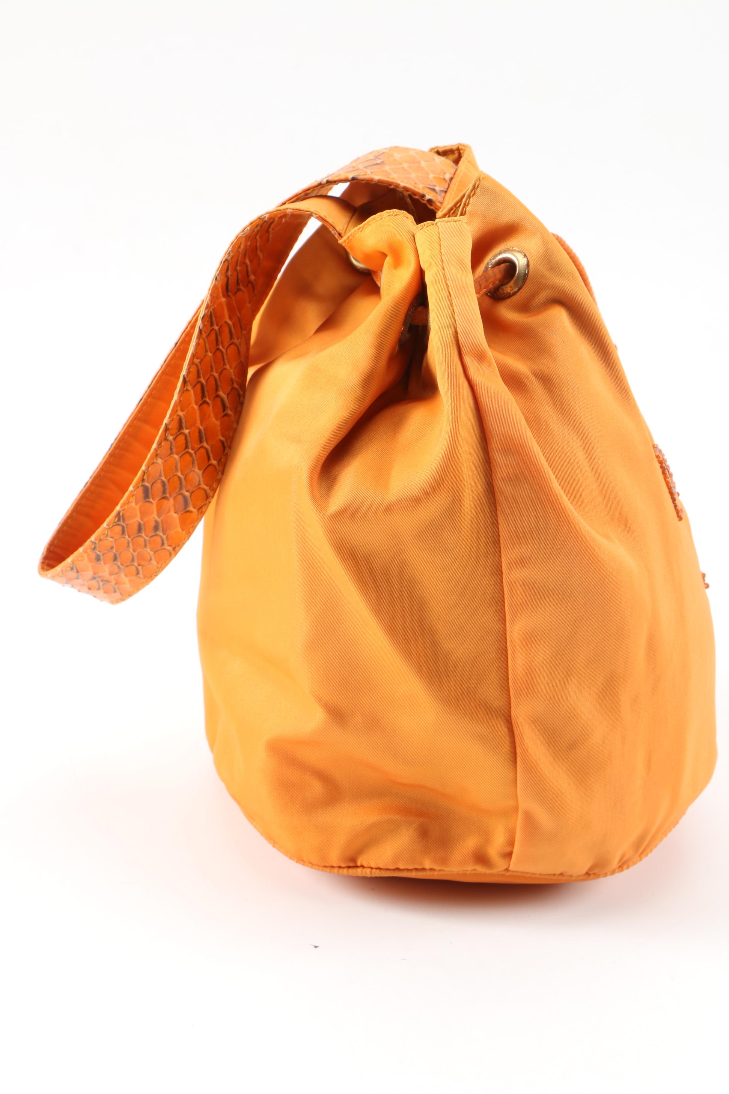 Prada Orange Tessuto Nylon and Python Snakeskin Small Beaded Bucket Bag