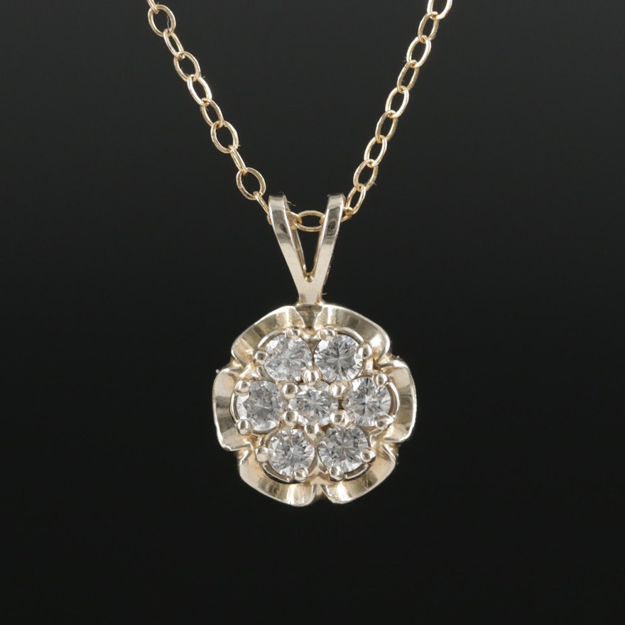 Vintage 14K Yellow Gold Diamond Scalloped Pendant Necklace