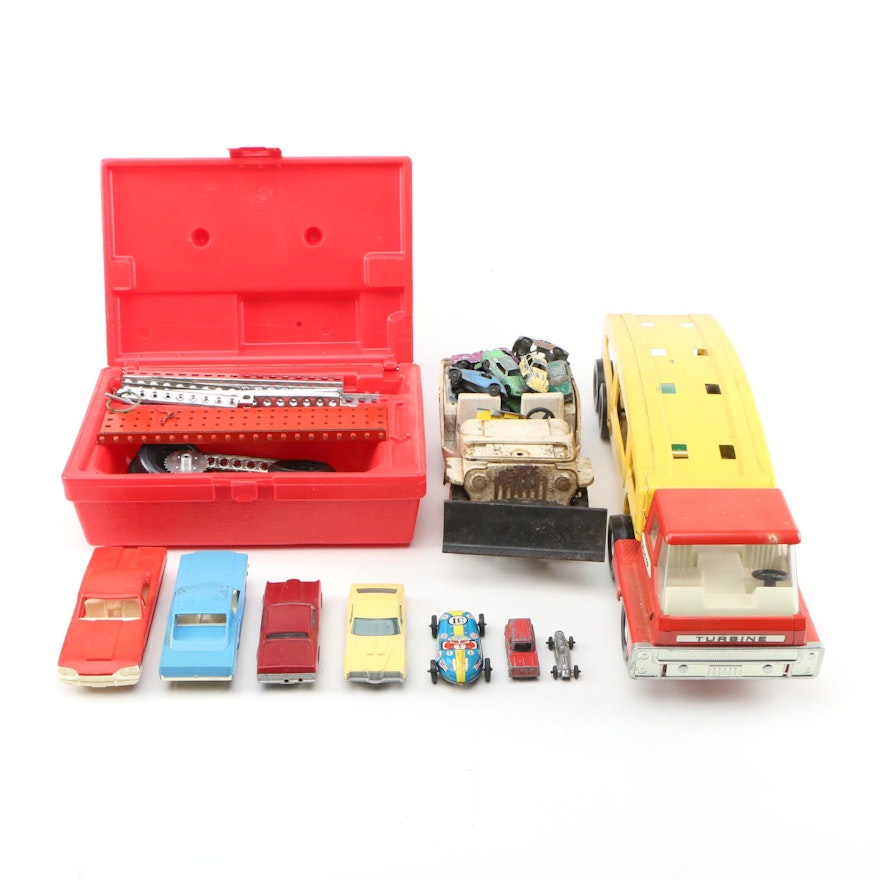 Toy Collection of Plastic and Metal Truck and Cars with Toolbox Erector Set