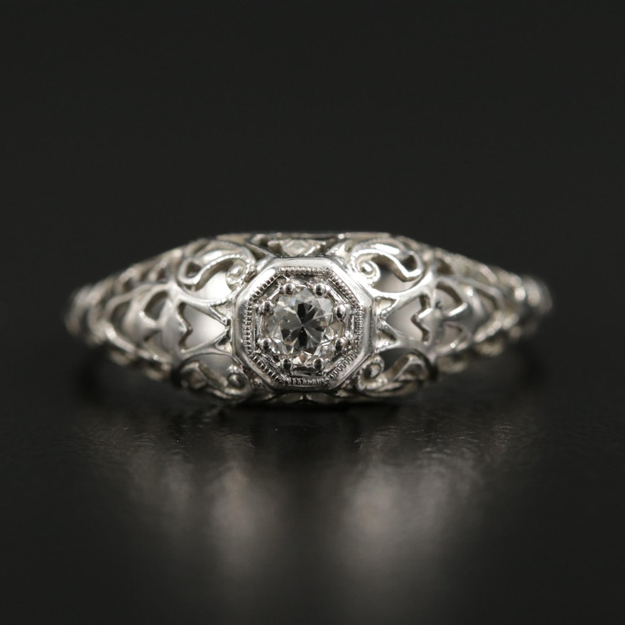 Edwardian 18K White Gold Diamond Filigree Ring