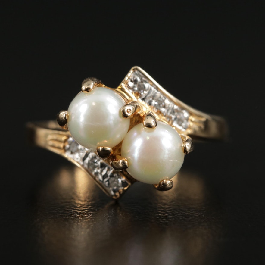 10K Yellow Gold Cultured Pearl and Diamond By Pass Ring