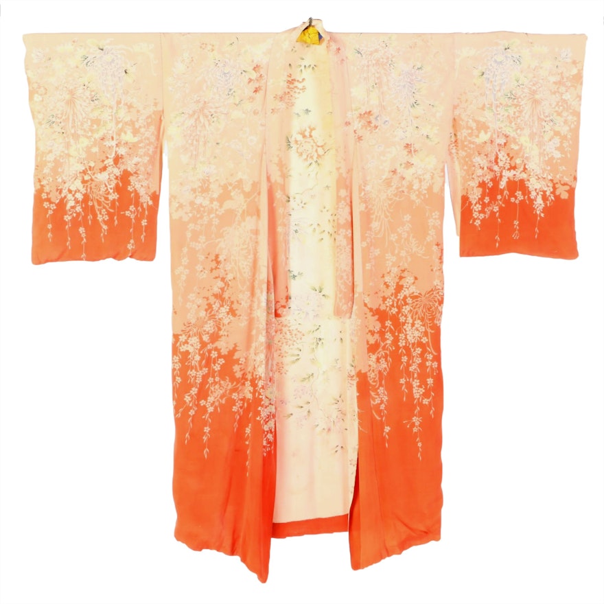 Japanese Silk Kimono with Florals and Maple Leaves, 1940s Vintage