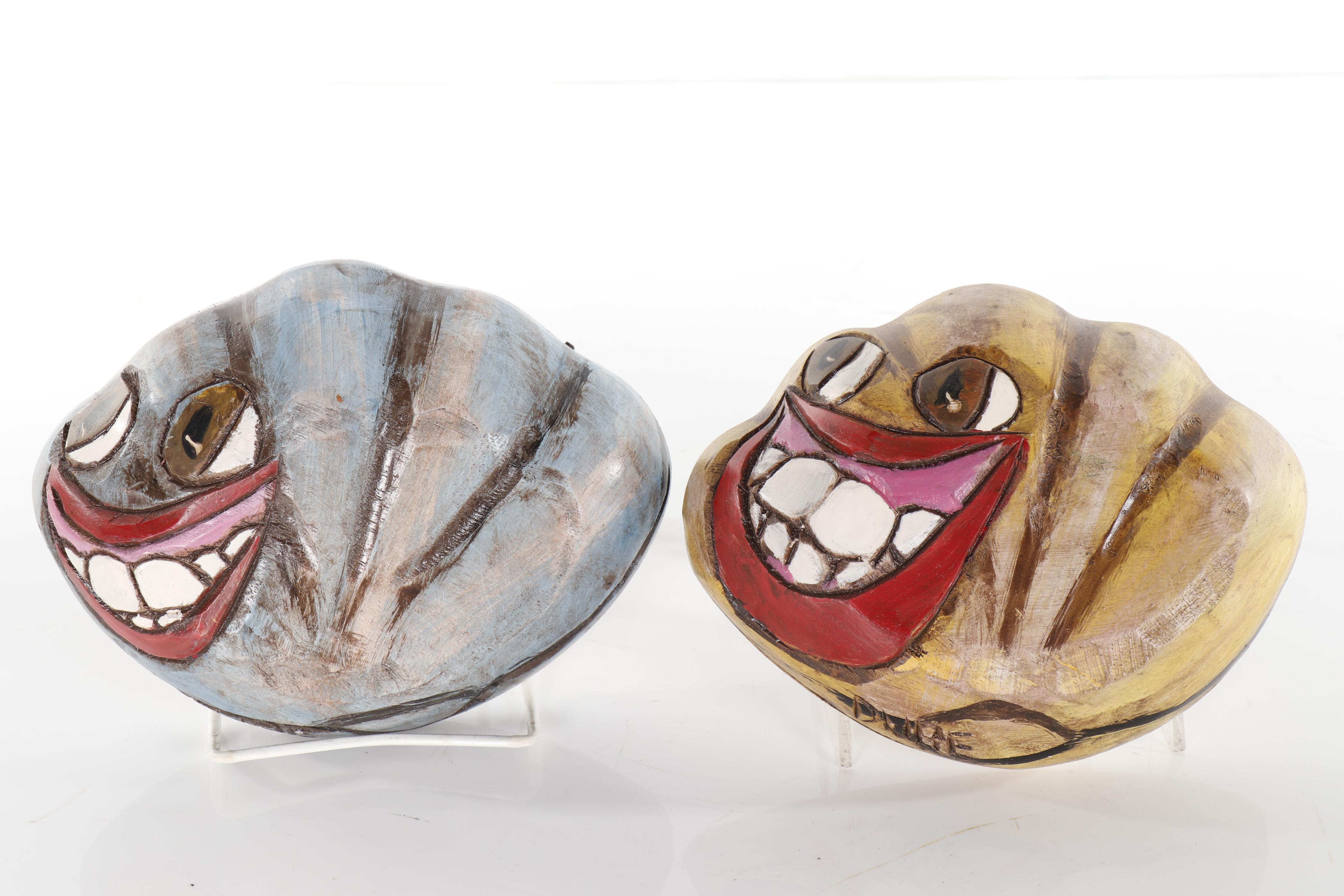 Hand-Painted and Carved Wood Folk Art Clamshell Sculptures