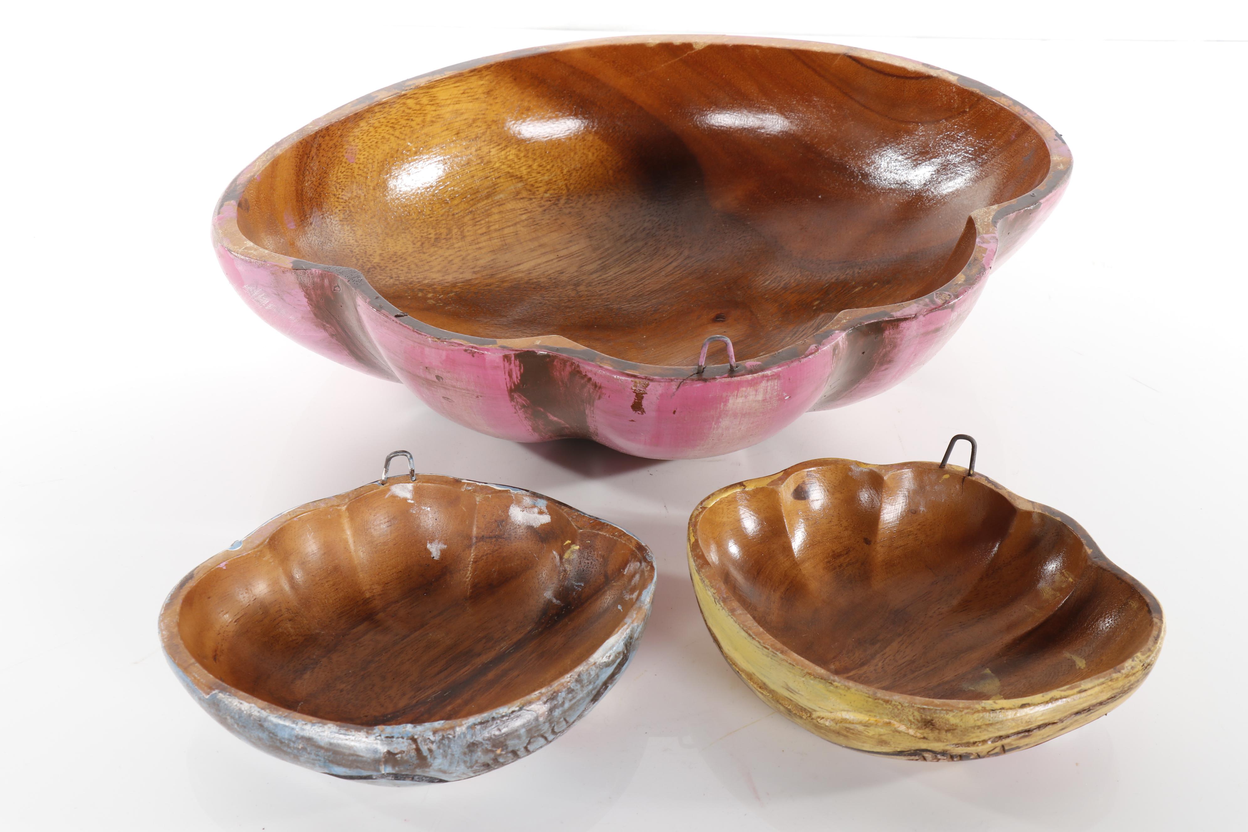 Hand-Painted and Carved Wood Folk Art Clamshell Sculptures