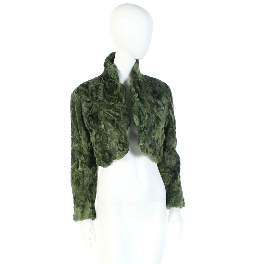 Custom Dyed Green Lamb Fur Bolero Jacket with Vintage Emilio Pucci Lining