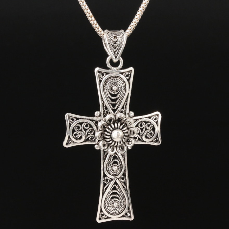 Sterling Silver Cross Filigree Pendant on Box Chain Necklace