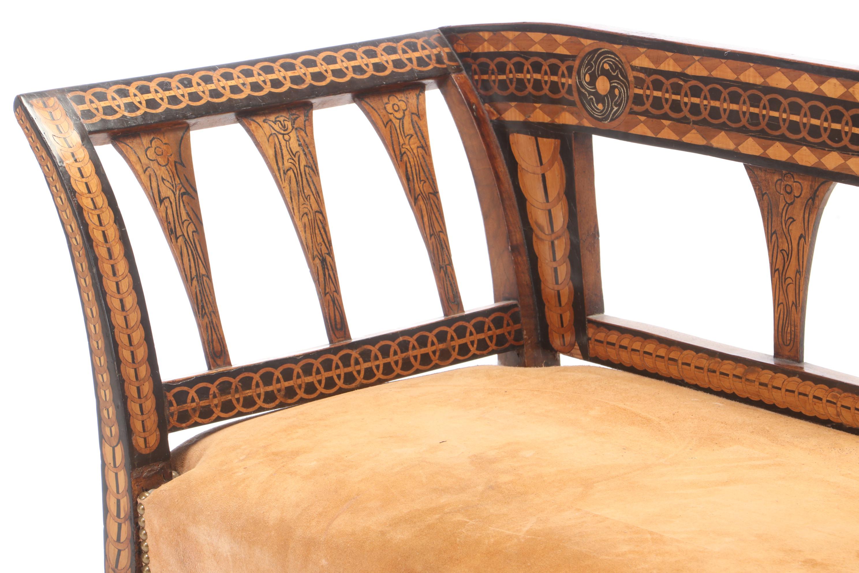 Biedermeier Inlaid Walnut And Penwork Settee, Mid 19th Century