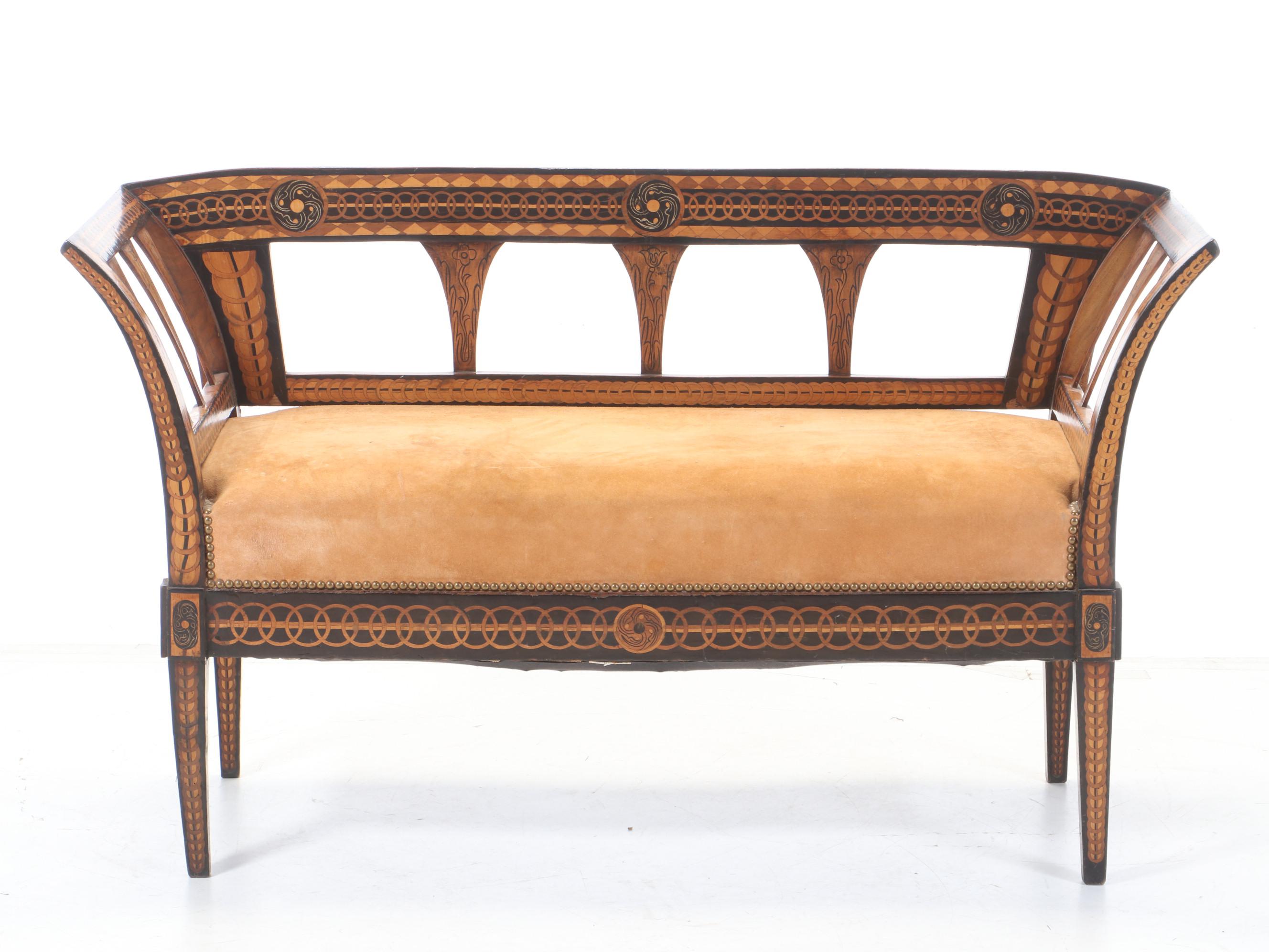 Biedermeier Inlaid Walnut And Penwork Settee, Mid 19th Century