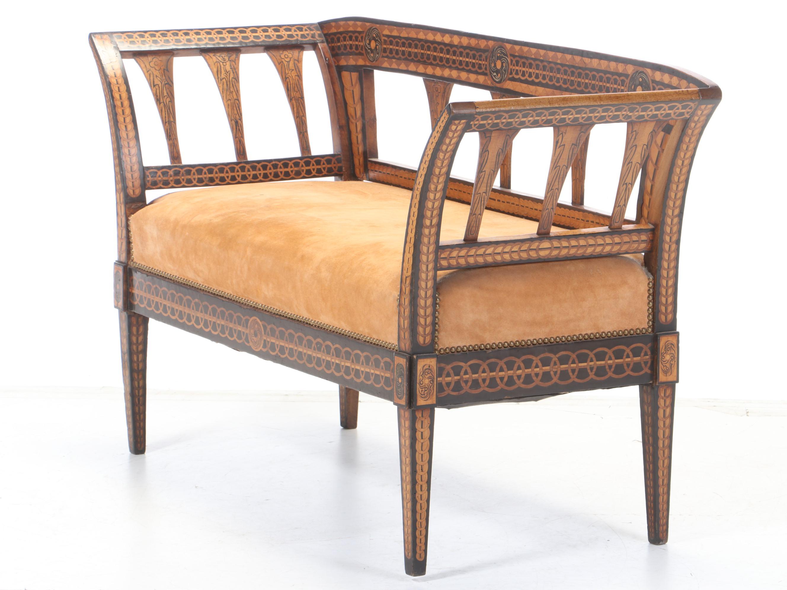 Biedermeier Inlaid Walnut And Penwork Settee, Mid 19th Century