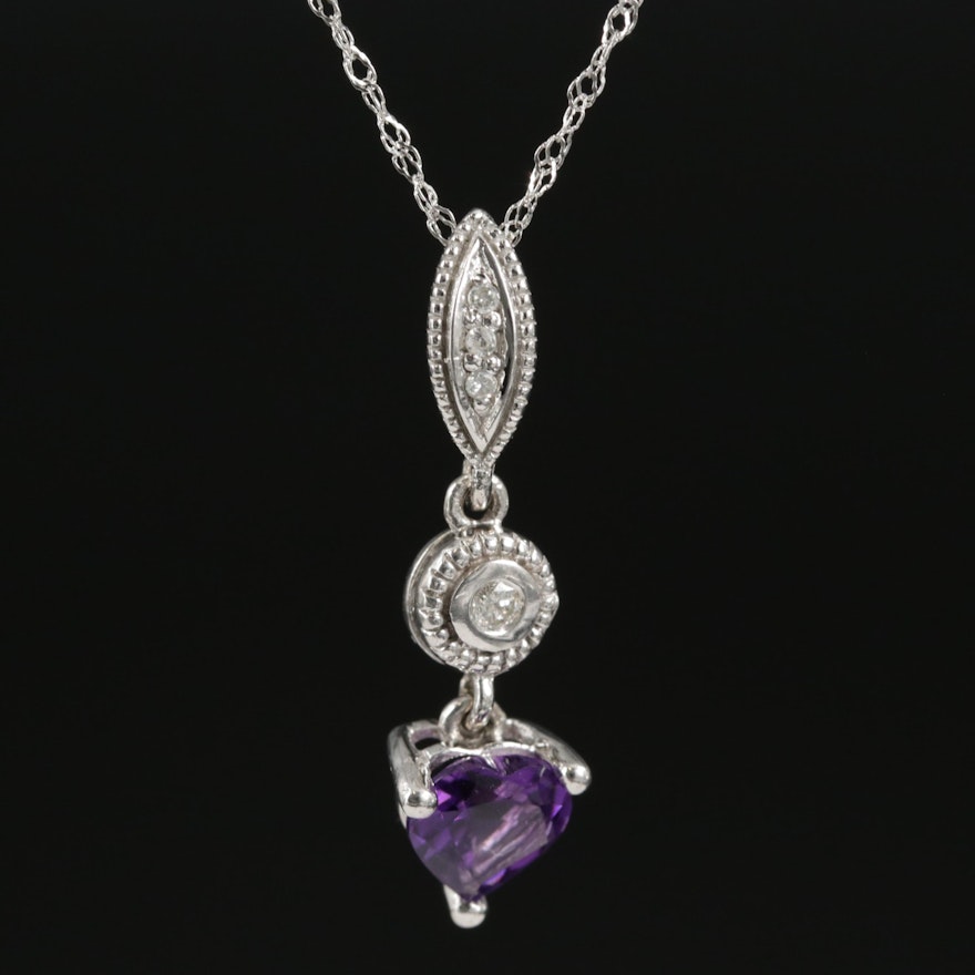 10K White Gold Amethyst and Diamond Heart Pendant Necklace